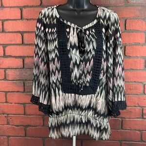 Daniel Rainn Sheer Top Woman's‎ Long Sleeve Zig Zag Print Large